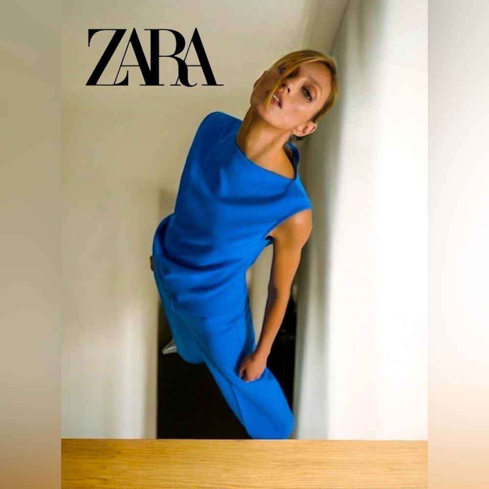 ZARA, Zara Mid-Blue Viscose Blend Asymmetric Top, Small